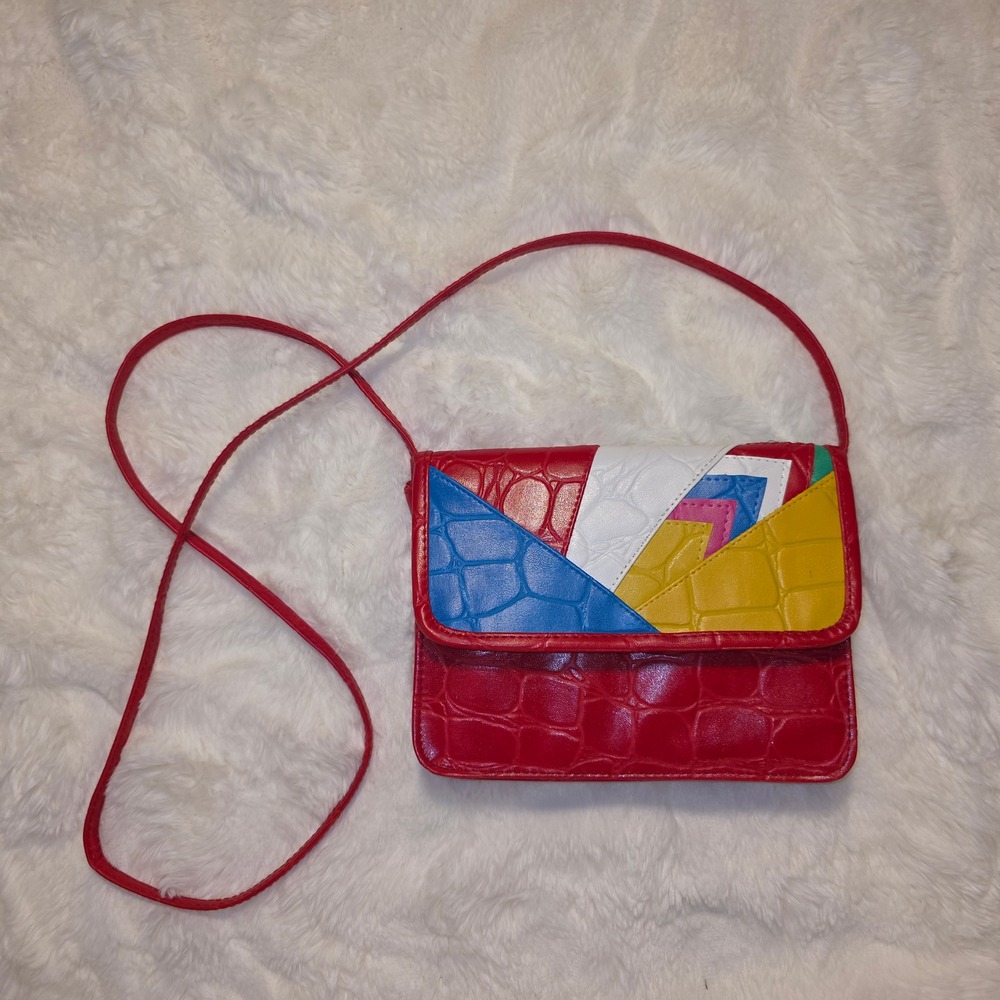 Vintage 80s Bag Bazaar Wallet Set Colorblock Memphis Colorblock Retro Faux Croc